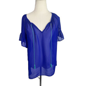 MILLY Womens‎ Blue Chiffon Sheer V-Neck Shirt Size Medium Ruffle Sleeve Tassel